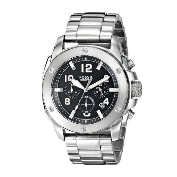 Fossil Modern Machine Silver Stainless Steel Black Dial Chronograph Quartz Watch for Gents - FS4926