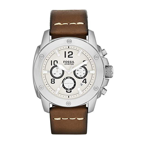 Fossil Machine Brown Leather Strap White Dial Chronograph Quartz Watch for Gents - FS4929