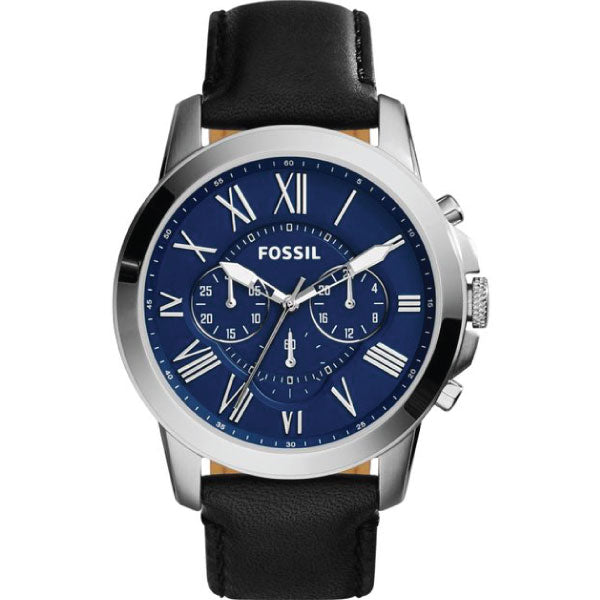 Fossil Grant Black Leather Strap Blue Dial Chronograph Quartz Watch for Gents - FS4990
