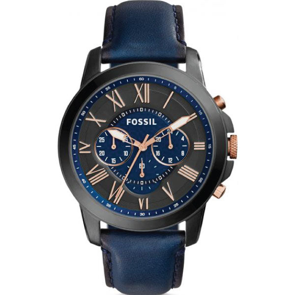 Fossil Grant Blue Leather Strap Black Dial Chronograph Quartz Watch for Gents - FS5061