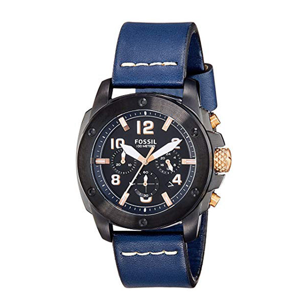 Fossil Machine Navy blue Leather Strap Black Dial Chronograph Quartz Watch for Gents - FS5066