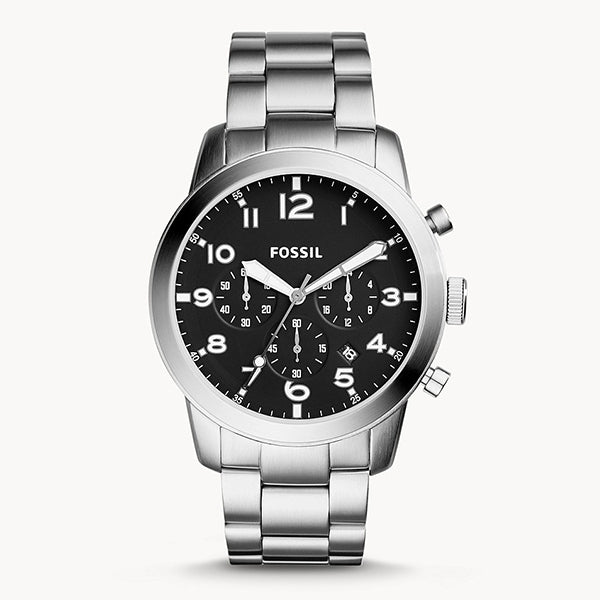 Fossil Pilot 54 Silver Stainless Steel Black Dial Chronograph Quartz Watch for Gents - FS5141