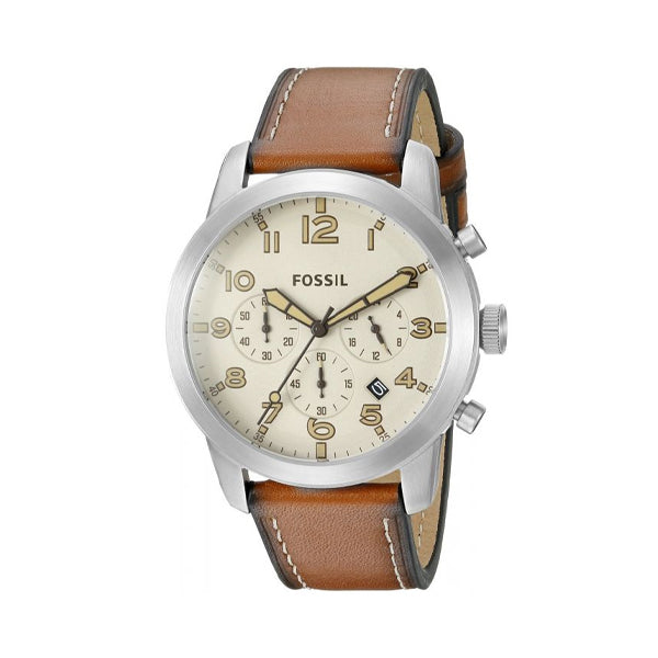 Fossil Pilot 54 Brown Leather Strap Beige Dial Chronograph Quartz Watch for Gents - FS5144