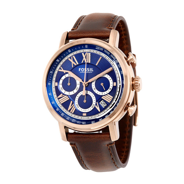 Fossil Buchanan Brown Leather Strap Blue Dial Chronograph Quartz Watch for Gents - FS5148