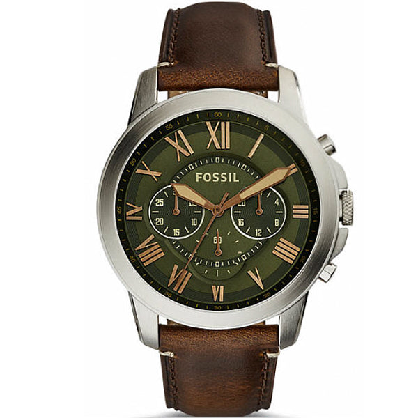 Fossil Grant Brown Leather Strap Green Dial Chronograph Quartz Watch for Gents - FS5153