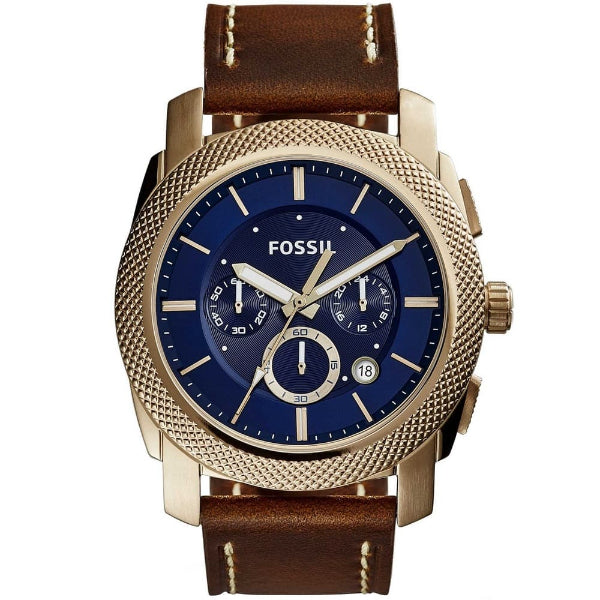 Fossil Machine Brown Leather Strap Blue Dial Chronograph Quartz Watch for Gents - FS5159