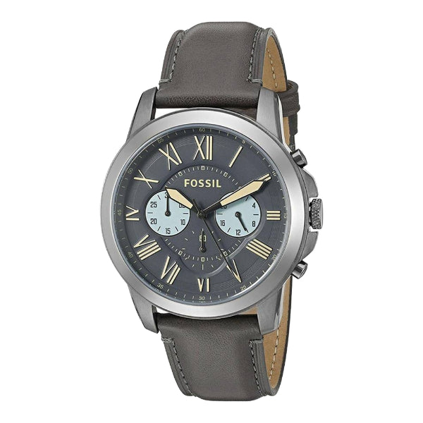 Fossil Grant Grey Leather Strap Gunmetal Dial Chronograph Quartz Watch for Gents - FS5183