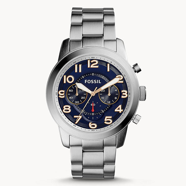 Fossil Pilot 54 Silver Stainless Steel Navy Blue Dial Chronograph Quartz Watch for Gents - FS5203