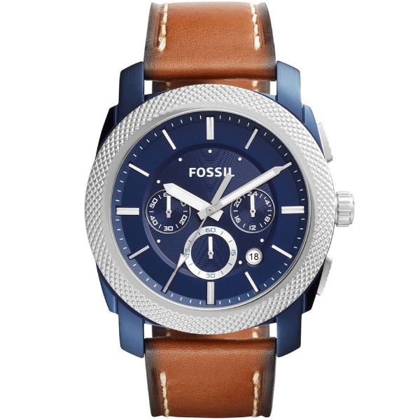 Fossil Machine Brown Leather Strap Blue Dial Chronograph Quartz Watch for Gents - FS5232