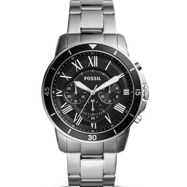 Fossil Grant Sport Silver Stainless Steel Black Dial Chronograph Quartz Watch for Gents - FS5236