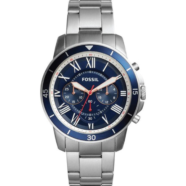 Fossil Grant Sport Silver Stainless Steel Blue Dial Chronograph Quartz Watch for Gents - FS5238