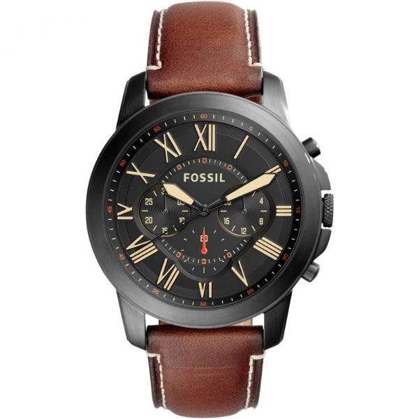 Fossil Grant Brown Leather Strap Black Dial Chronograph Quartz Watch for Gents - FS5241