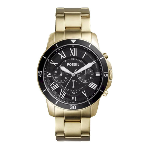 Fossil Grant Gold Stainless Steel Black Dial Chronograph Quartz Watch for Gents - FS5267