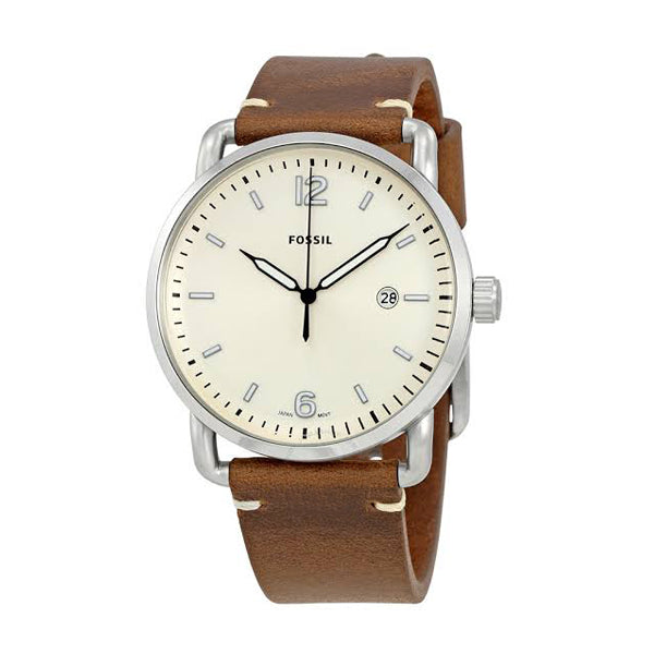 Fossil Commuter Brown Leather Strap Cream Dial Quartz Watch for Gents - FS5275
