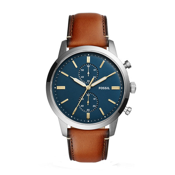 Fossil Townsman Brown Leather Strap Blue Dial Chronograph Quartz Watch for Gents - FS5279