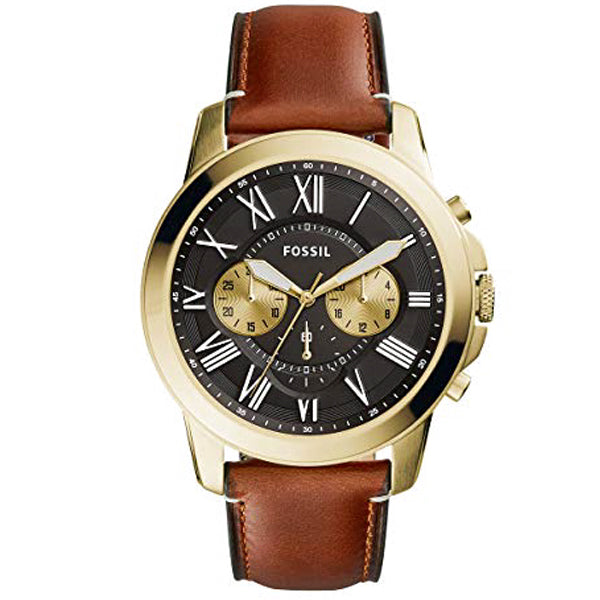 Fossil Grant Brown Leather Strap Black Dial Chronograph Quartz Watch for Gents - FS5297