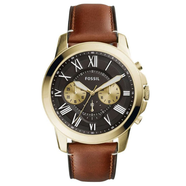 Fossil Grant Brown Leather Strap Black Dial Chronograph Quartz Watch for Gents - FS5297