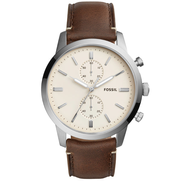 Fossil Townsman Brown Leather Strap White Dial Chronograph Quartz Watch for Gents - FS5350
