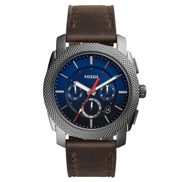 Fossil Machine Brown Leather Strap Blue Dial Chronograph Quartz Watch for Gents - FS5388