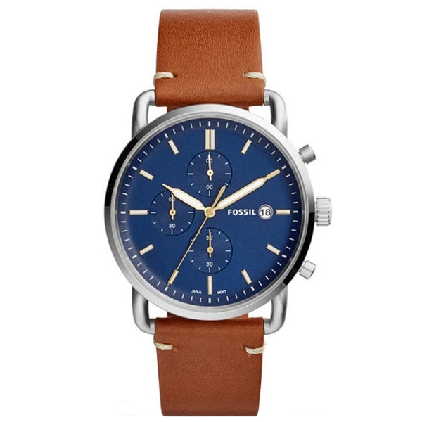 Fossil Commuter Brown Leather Strap Blue Dial Chronograph Quartz Watch for Gents - FS5401