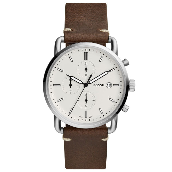Fossil Commuter Brown Leather Strap Beige Dial Chronograph Quartz Watch for Gents - FS5402