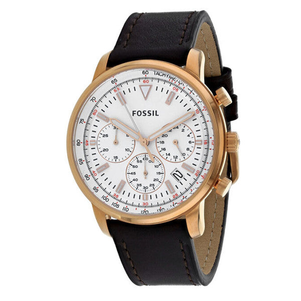 Fossil Goodwin Brown Leather Strap White Dial Chronograph Quartz Watch for Gents - FS5415
