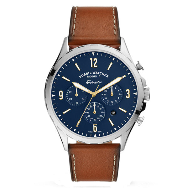 Fossil Forrester Brown Leather Strap Blue Dial Chronograph Quartz Watch for Gents - FS5607