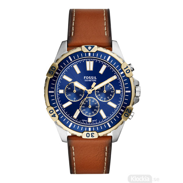 Fossil Garrett Brown Leather Strap Blue Dial Chronograph Quartz Watch for Gents - FS5625