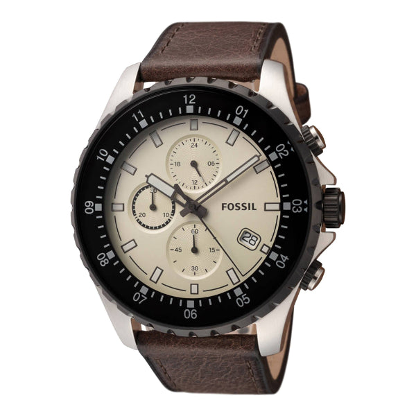 Fossil Dillinger Brown Leather Strap Cream Dial Chronograph Quartz Watch for Gents - FS5674