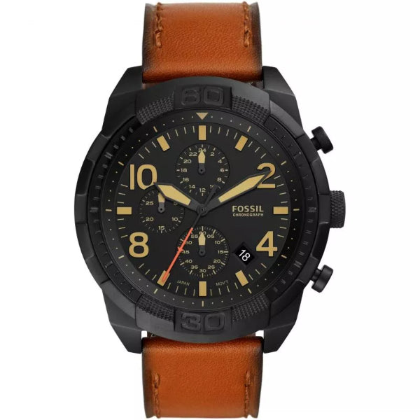 Fossil Bronson Brown Leather Strap Black Dial Chronograph Quartz Watch for Gents - FS5714