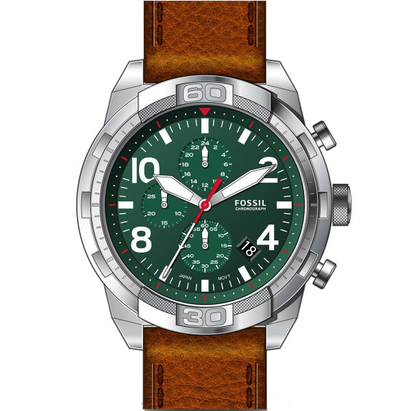 Fossil Bronson Brown Leather Strap Green Dial Chronograph Quartz Watch for Gents - FS5738