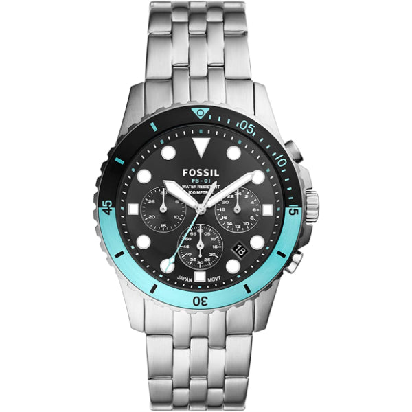 Fossil FB-01 Silver Stainless Steel Black Dial Chronograph Quartz Watch for Gents - FS5827