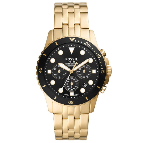 Fossil FB-01 Gold Stainless Steel Black Dial Chronograph Quartz Watch for Gents - FS5836