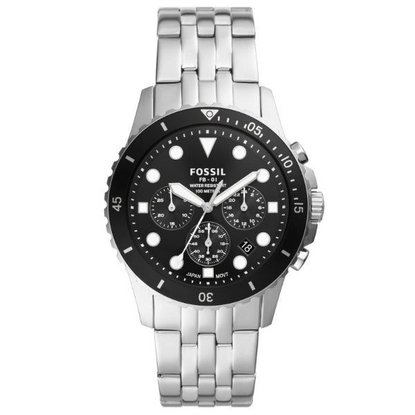 Fossil FB-01 Silver Stainless Steel Black Dial Chronograph Quartz Watch for Gents - FS5837