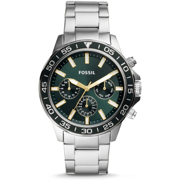 Fossil Bannon Multifunction Silver Stainless Steel Green Dial Chronograph Quartz Watch for Gents - BQ2492
