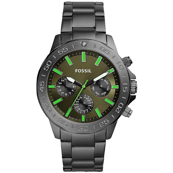 Fossil Bannon Multifunction Gray Stainless Steel Green Dial Chronograph Quartz Watch for Gents - BQ2504