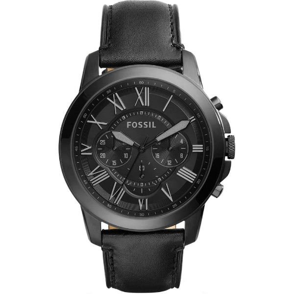 Fossil Grant Black Leather Strap Black Dial Chronograph Quartz Watch for Gents - FS5132