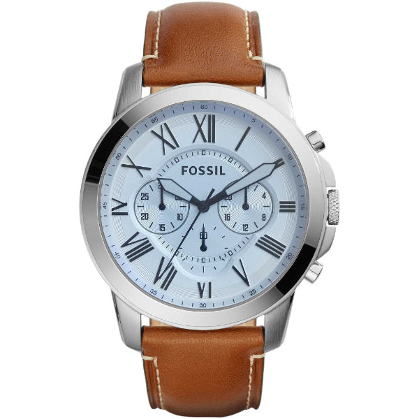 Fossil Grant Brown Leather Strap Silver Dial Chronograph Quartz Watch for Gents - FS5184