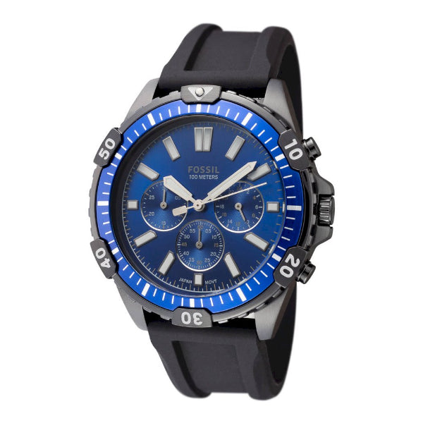 Fossil Garrett Black Silicone Strap Blue Dial Chronograph Quartz Watch for Gents - FS5695