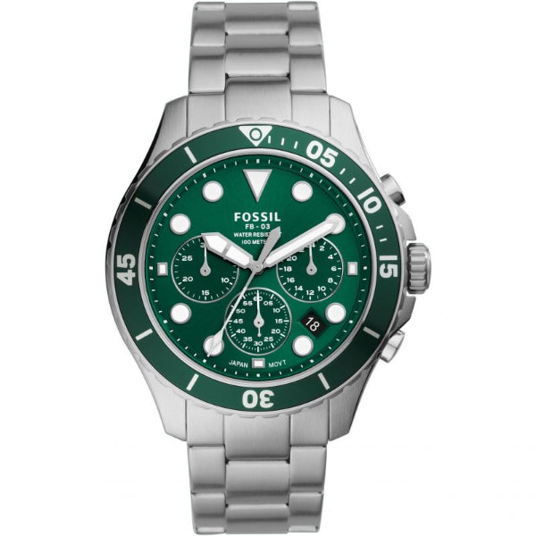 Fossil FB-03 Silver Stainless Steel Green Dial Chronograph Quartz Watch for Gents - FS5726