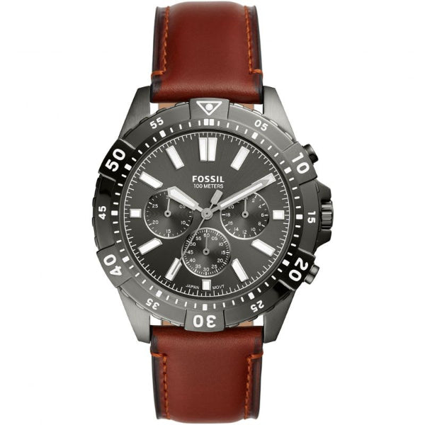 Fossil Garrett Brown Leather Strap Gray Dial Chronograph Quartz Watch for Gents - FS5770