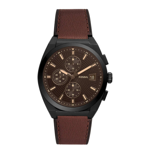 Fossil Everett Brown Leather Strap Black Dial Chronograph Quartz Watch for Gents - FS5798