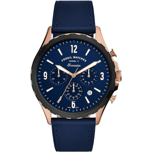 Fossil Forrester Blue Leather Strap Blue Dial Chronograph Quartz Watch for Gents - FS5814