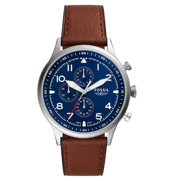 Fossil Retro Pilot Brown Leather Strap Blue Dial Chronograph Quartz Watch for Gents - FS5832