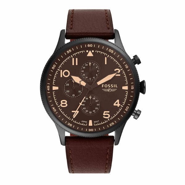 Fossil Retro Pilot Brown Leather Strap Black Dial Chronograph Quartz Watch for Gents - FS5833