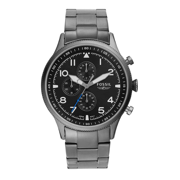 Fossil Retro Pilot Smoke Stainless Steel Black Dial Chronograph Quartz Watch for Gents - FS5834