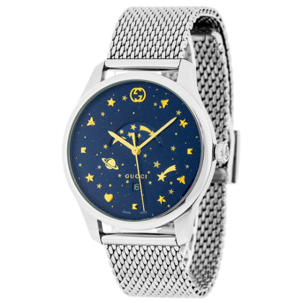 Gucci G-Timeless Moonphase Silver Mesh Bracelet Blue Dial Quartz Watch for Gents - GUCCI YA 126328