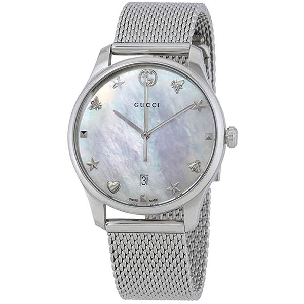 Gucci G-Timeless Silver Stainless Steel Mother of Pearl Dial Quartz Watch for Ladies- GUCCI YA1264040