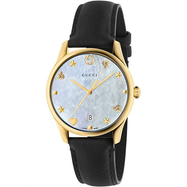 Gucci G-Timeless Black Leather Mother of Pearl Dial Quartz Watch for Ladies- GUCCI YA1264044