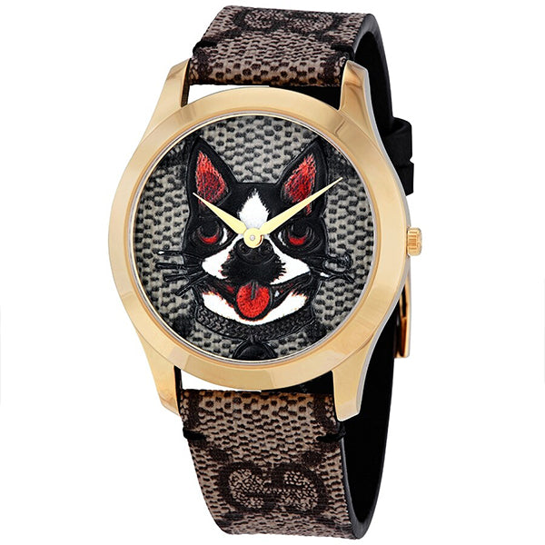 Gucci G-Timeless Brown Leather Dog Motif Dial Quartz Watch for Unisex- GUCCI YA1264057